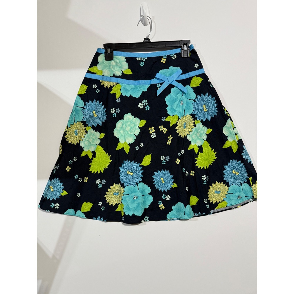 George Floral A-Line Skirt Womens 6 Black Blue Cotton Bow Trim Garden Party